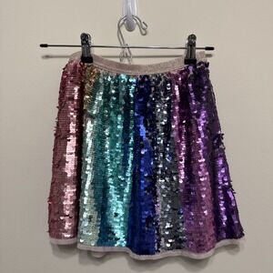 H&M Girls 9-10 Years Rainbow Sequined Sequin Skirt Elastic Waist EUC